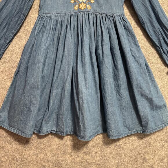 Mini Boden Dress Girls Size 8 9 Blue Chambray A Line Embroidered Long Sleeve - Picture 3 of 11